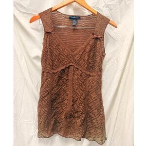 Y2K Babydoll‎ Lace Espresso Floral Bow Tie Coquette Blouse Top Medium
